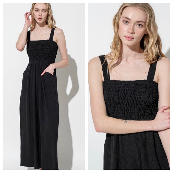 06 Fabulous Smocked Straight Neck Wide Leg Jumpsuit - Picture 2 of 3